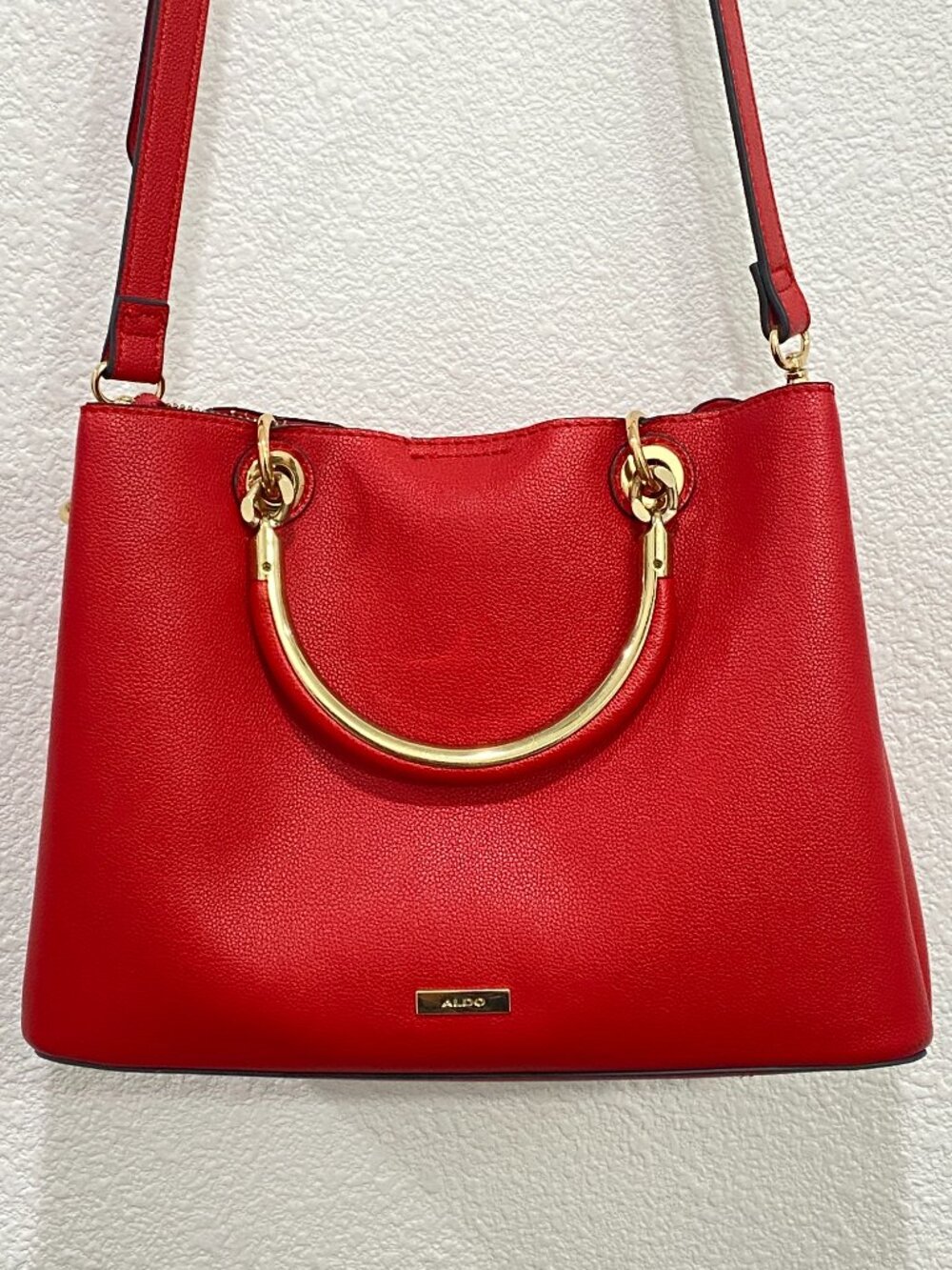 ALDO Red Satchel Crossbody Bag Gold Ring Handle Bold Chic One Size - Picture 3 of 12